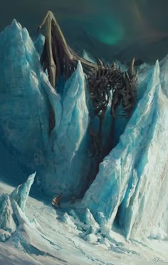 there is a giant dragon standing on top of the icebergs in this painting