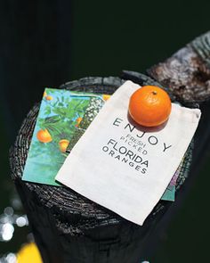 an orange sitting on top of a piece of paper next to a tree stump with other items around it