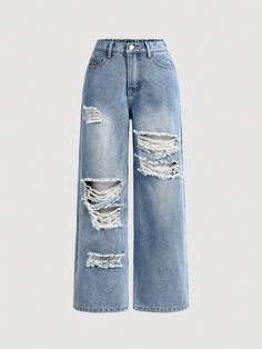 Cute Jean Pants, Cute Jeans For Kids, Ripoed Jeans, Ripped Wide Leg Jeans Outfit, Cute Pants For School, Ripped Heans, Cute Outfits Shein, Aesthetic Bottoms, Cute Baggy Jeans