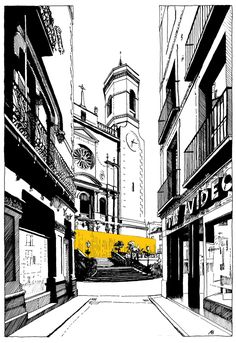 an ink drawing of a city street with buildings and a clock tower in the background