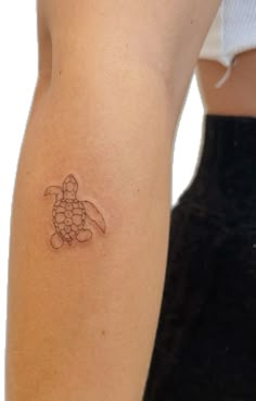 a woman's arm with a small tattoo of a turtle on the left side