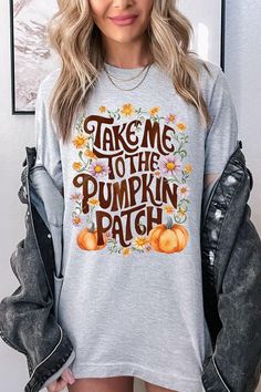 Experience the autumn season in style with the Take Me To The Pumpkin Patch Graphic Tee/T-shirt. Designed with a vibrant and playful graphic, this tee is perfect for those who love everything pumpkin. Made from soft and comfortable fabric, it's perfect for a day at the pumpkin patch or a cozy night in. Fall Long Sleeve T-shirt With Sublimation Print, Casual Graphic Print T-shirt For Fall, Trendy Graphic Print T-shirt For Fall, Casual Fall T-shirt With Graphic Print, Fall Sublimation Print Relaxed T-shirt, Fall Sublimation Print Relaxed Fit T-shirt, Fall T-shirt With Sublimation Print In Relaxed Fit, Fall Crew Neck T-shirt With Graphic Print, Trendy Screen Print T-shirt For Fall