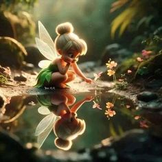 a little fairy sitting on top of a rock next to water