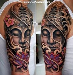 a woman's half sleeve tattoo with buddha face and flowers on her left arm