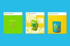 three different posters with the words big on crunch written in white, green and blue