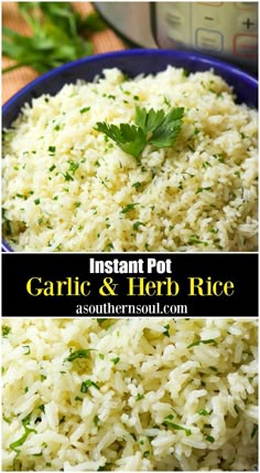 instant pot garlic and herb rice in a blue bowl with parsley sprinkled on top