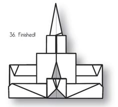 an origami model of a church with the words, 35 finished on it