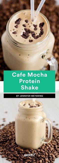 coffee mocha protein shake in a mason jar on top of coffee beans with the words cafe mecha protein shake