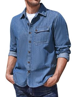 PRICES MAY VARY【FeaturesRegular fit work denim shirt for menit features long sleevebutton upspread collarflap chest pocketwhite stitching decoration makes the casual shirt more stylish and unique 【MaterialSoft denim fabric is skin-friendly and lightweightwhich offers exceptional breathability and ensures you stay comfortable all day long 【MatchOur western jean shirts with perfect thicknesslightweight but not thinSuitable for springsummerfall and winterThis sleek shirt pairs effortlessly with yo Men's Denim Shirt, Denim Shirt For Men, Mens Denim Shirt, Sassy Fashion, Denim Shirt Outfit, Stylish Men Wear, Western Jeans, Denim Shirt Men