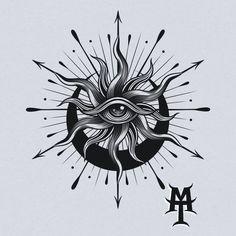 an all seeing eye tattoo design with the letter m in it's center, surrounded by arrows