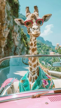 a giraffe with sunglasses on its head is sitting in a pink convertible car