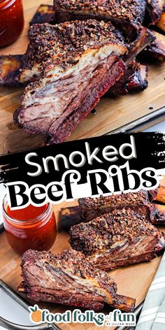 smoked beef ribs on a cutting board with ketchup