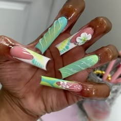 Long/XL Acrylic Nails with tropical designs. Perfect for summertime & vacations! [Not my nails] Nail Long, Fake Nails Long, Tropical Nails, Long Acrylic Nails Coffin, Vacation Nails, Long Square Acrylic Nails, Bling Acrylic Nails