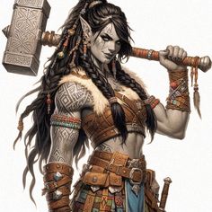 a woman with dreadlocks holding an ax in one hand and a hammer in the other