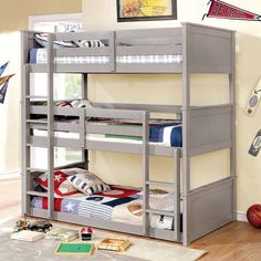 Aubrey Grey Triple Bunk Bed in Twin or Full Custom Kids Furniture 3 Tier Bunk Beds, Ikea Loft, Gray Furniture, Triple Bunk Beds, Solid Wood Bunk Beds, Triple Bunk Bed, Triple Bunk, Cool Bunk Beds, Wood Bunk Beds