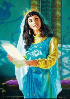 a painting of a woman dressed in blue and yellow holding a paper with her hands