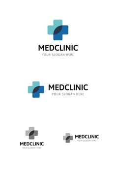 medical logo design with blue and gray squares on the bottom, and an arrow in the middle