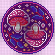 a cross - stitch pattern with two red mushrooms in the center