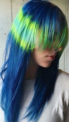 Royal blue electric green unique dyed hair inspiration @jshermansalon Blue And Orange Hair, Unique Dyed Hair, Green Blue Hair Dye, Blue And Neon Green Hair, Lime Green And Blue Hair, Dark Blue And Neon Green Hair, Vibrant Green Hair