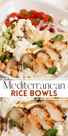 a bowl filled with rice, chicken and vegetables