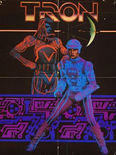 an advertisement for tron featuring two men in futuristic garb