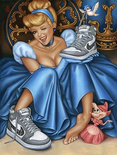 a painting of a woman in blue dress and sneakers