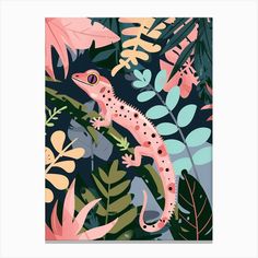 an illustration of a gecko in the jungle with leaves and plants on it's sides