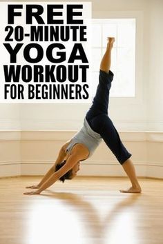 a woman is doing yoga with the words free 20 minute yoga workout for beginners