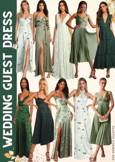 the wedding guest dresses are all in different styles and colors, but not very long