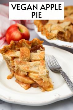 a slice of vegan apple pie on a white plate