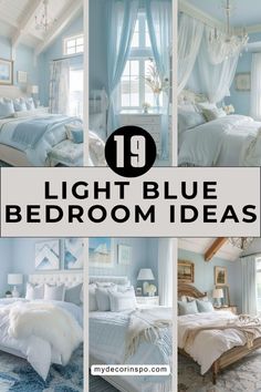 blue bedroom decor with white bedding and chandelier