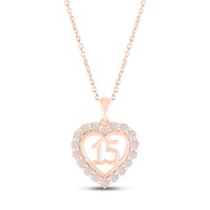 A stunning surprise for the birthday girl, this 10K rose gold Quinceañera necklace features a heart with the number 15 at the center. Shimmering lab-created opals trace the heart, making the necklace an ideal gift for an October birthday. The pendant sways from an 18-inch cable chain that secures with a spring-ring clasp. Heart Shaped Necklace With Hallmark For Birthday, Quinceanera Necklace Rose Gold, Heart-shaped Rose Gold Jewelry For Birthday, Heart-shaped Rose Gold Jewelry For Birthdays, Silver Jewelry For Sweet 16 And Valentine's Day, Rose Gold Tarnish-resistant Heart Necklace For Anniversary, Heart-shaped Hallmark Name Necklace For Birthday, 15 Necklace Quinceanera Gold, Personalized Heart-shaped Jewelry For Sweet 16