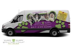 a van that has two dogs on the front and one is purple with green paw prints