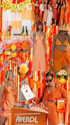 a collage of women in orange dresses and hats, with the words aperol on it