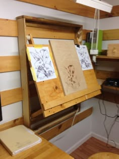 an easel with some drawings on it