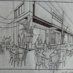 a drawing of people sitting at tables in a restaurant