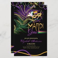 mardi gras party card with beads and feathers