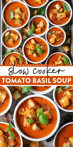 Warm up with this Slow Cooker Tomato Basil Soup! Simply add your ingredients into a crockpot, then this soup recipe will let you enjoy a bowl of creamy goodness. Don't forget to serve this fall comfort food for dinner with some parmesan cheddar croutons! Clean Soups, Crockpot Tomato Soup, Slow Cooker Tomato Soup, Damn Delicious Recipes, Easy Comfort Food Dinners, Tomato Basil Soup Recipe, Basil Soup, Creamy Tomato Soup, Tomato Basil Soup