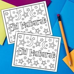 two coloring sheets with the words eid mubara and stars on them next to colored envelopes