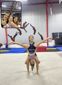 two girls doing acrobatic tricks in a gym