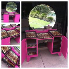 a pink vanity with leopard print drawers and a round mirror on the top one side