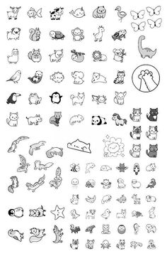 an image of various animals drawn in black and white