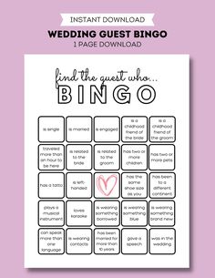 the printable wedding guest bingo game