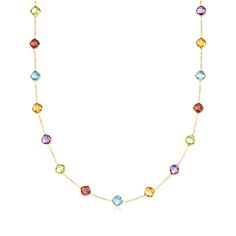 Ross-Simons - 14.40ct t. w. Multi-Gemstone Station Necklace in Gold. 18". For those who crave color, this classic necklace delivers! Our vibrant design stations 14.40 ct. tot. gem wt. square cushion-cut Swiss blue topaz, amethyst, citrine, garnet and peridot around a 14kt yellow gold cable chain. Wear this rainbow-bright style solo or layered with other favorites. Lobster clasp, multi-gemstone station necklace. Garnet birthstones are the perfect gift for January birthdays. Garnet Birthstone, Bright Fashion, Rainbow Bright, Gem Necklace, Classic Necklace, Jewelry Lookbook, Station Necklace, Swiss Blue Topaz, Crown Jewels