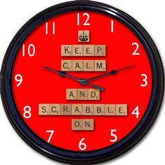 a red clock with scrabble letters on the face and numbers below it that spell out keep calm