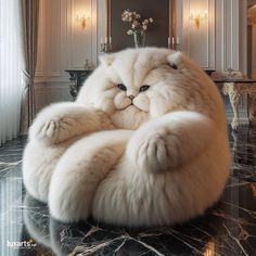 a large white cat sitting on top of a marble floor