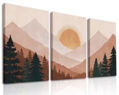 three canvases with trees and mountains in the background, one has an orange sun