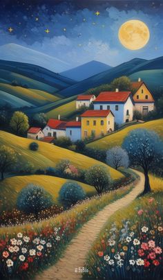 European Countryside Charm: Naive Art AI Creations. French village Naive Art Landscape, European Countryside, French Village, Naive Painting, Countryside Landscape, Whimsical Paintings, Girly Wall Art, Rural Landscape, Diy Canvas Art Painting