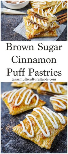 Brown Sugar Cinnamon Puff Pastries topped with a thick vanilla icing. Puff Pastry Pop Tarts Brown Sugar, Food With Puff Pastry, Puff Pastry Breakfast Sweet, Homemade Puff Pastry Poptarts, Quick Breakfast Pastry Recipes, Breakfast Pastries Savory, Cinnamon Puff Pastry Recipes