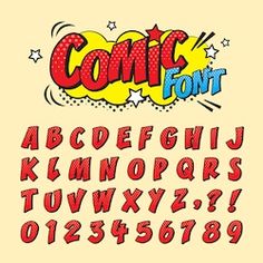 comic font and lowercase letters in the style of comics, pop art on yellow background